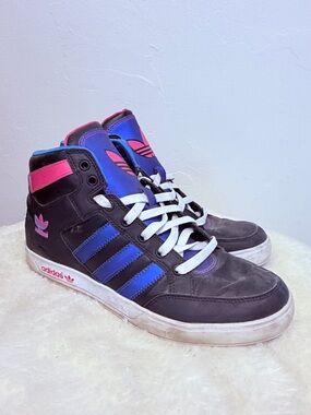 adidas Black High-Top Sneakers with Blue Stripes & Pink Accents size 9